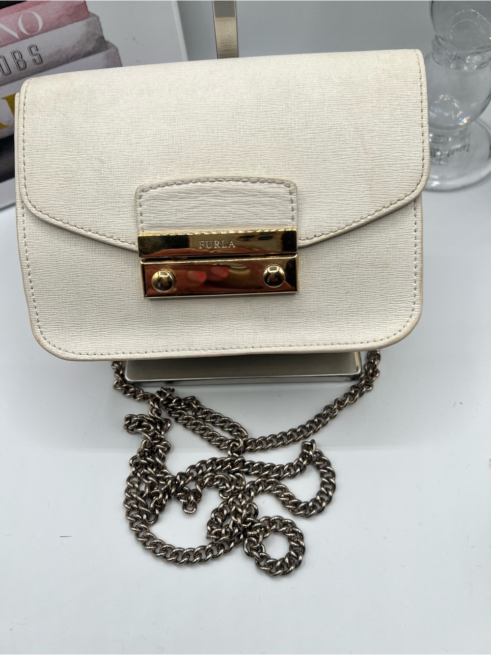 Furla Cream Leather Crossbody with Gold Chain Strap - Picture 8 of 13